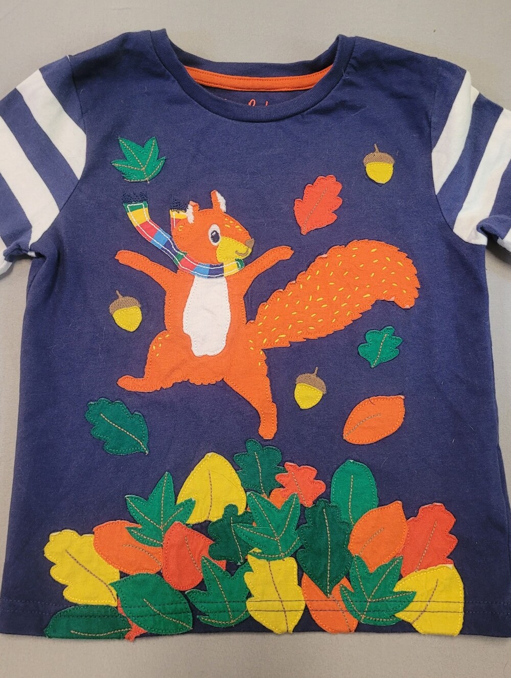 Mini Boden Squirrel Embroidered Blue Striped Long Sleeve T-Shirt sz 4-5 110cm